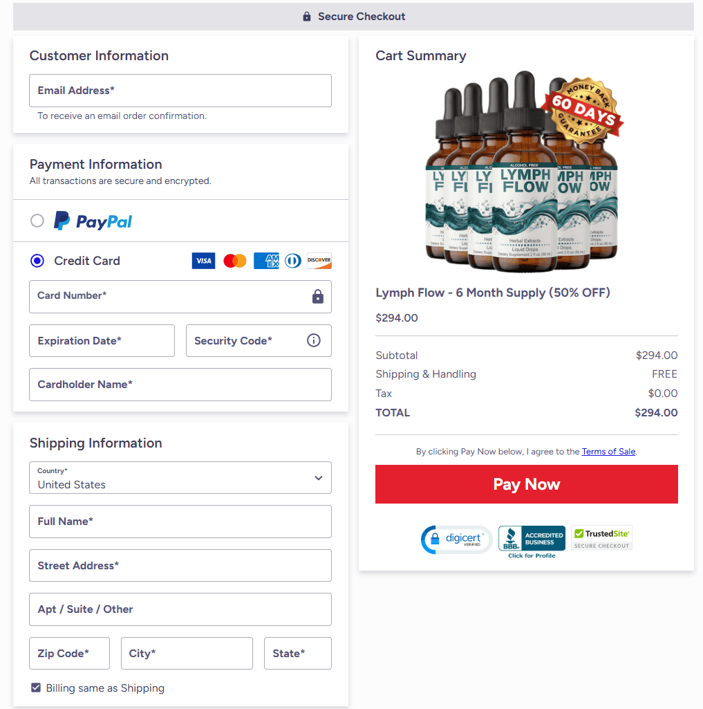 Lymph Flow order page